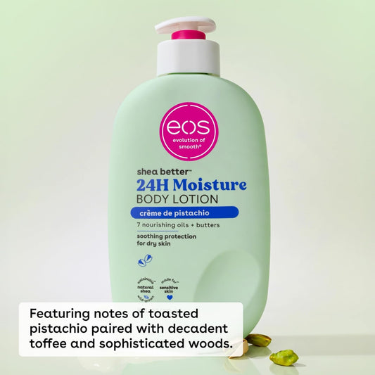 Green bottle of eos 24H Moisture Body Lotion with pistachio flavor on a light green background