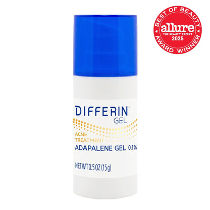 Differin Gel bottle with blue cap on a white background, featuring Allure Best of Beauty Award badge.
