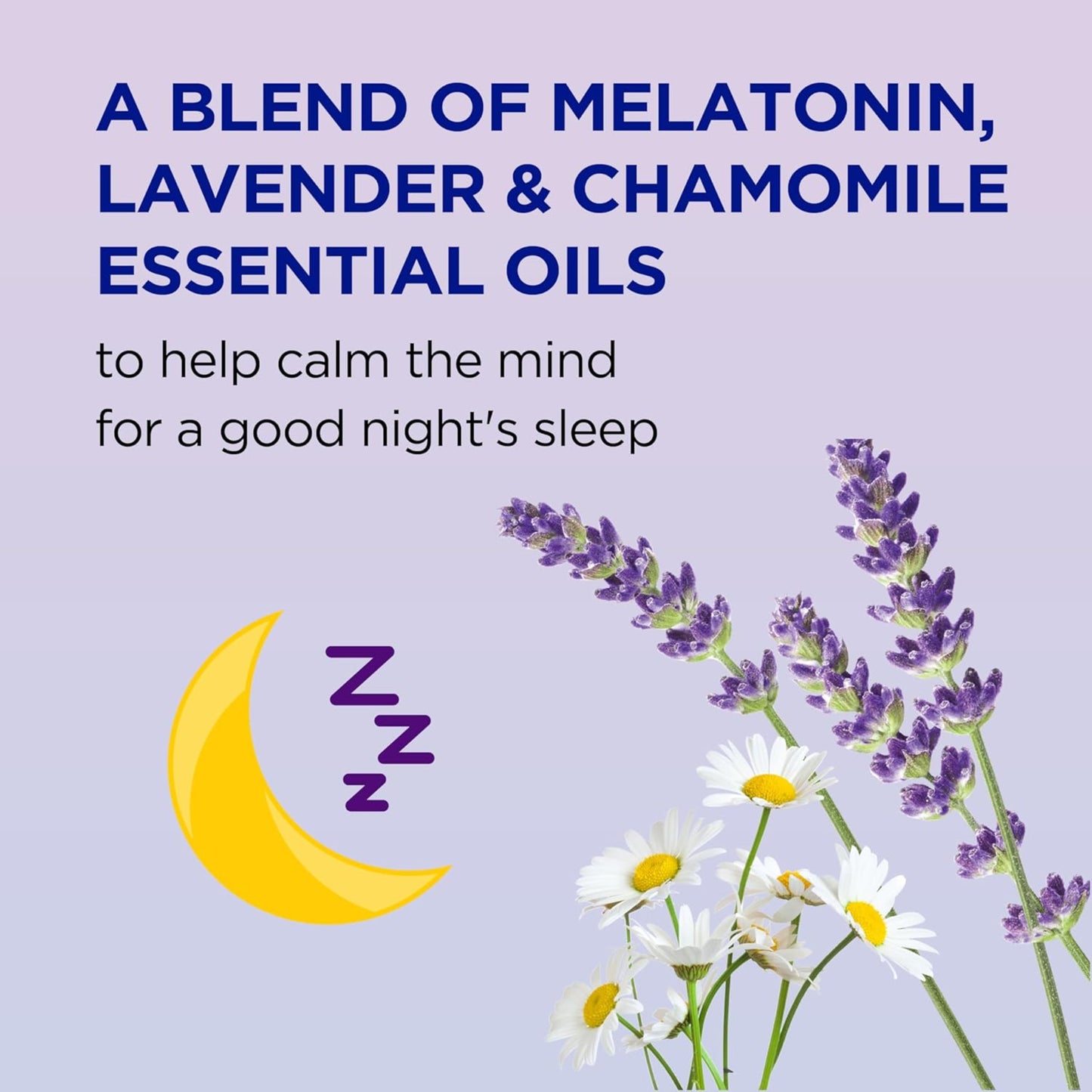 Promotional graphic for a blend of melatonin, lavender, and chamomile essential oils with lavender flowers and a moon symbol on a purple background.