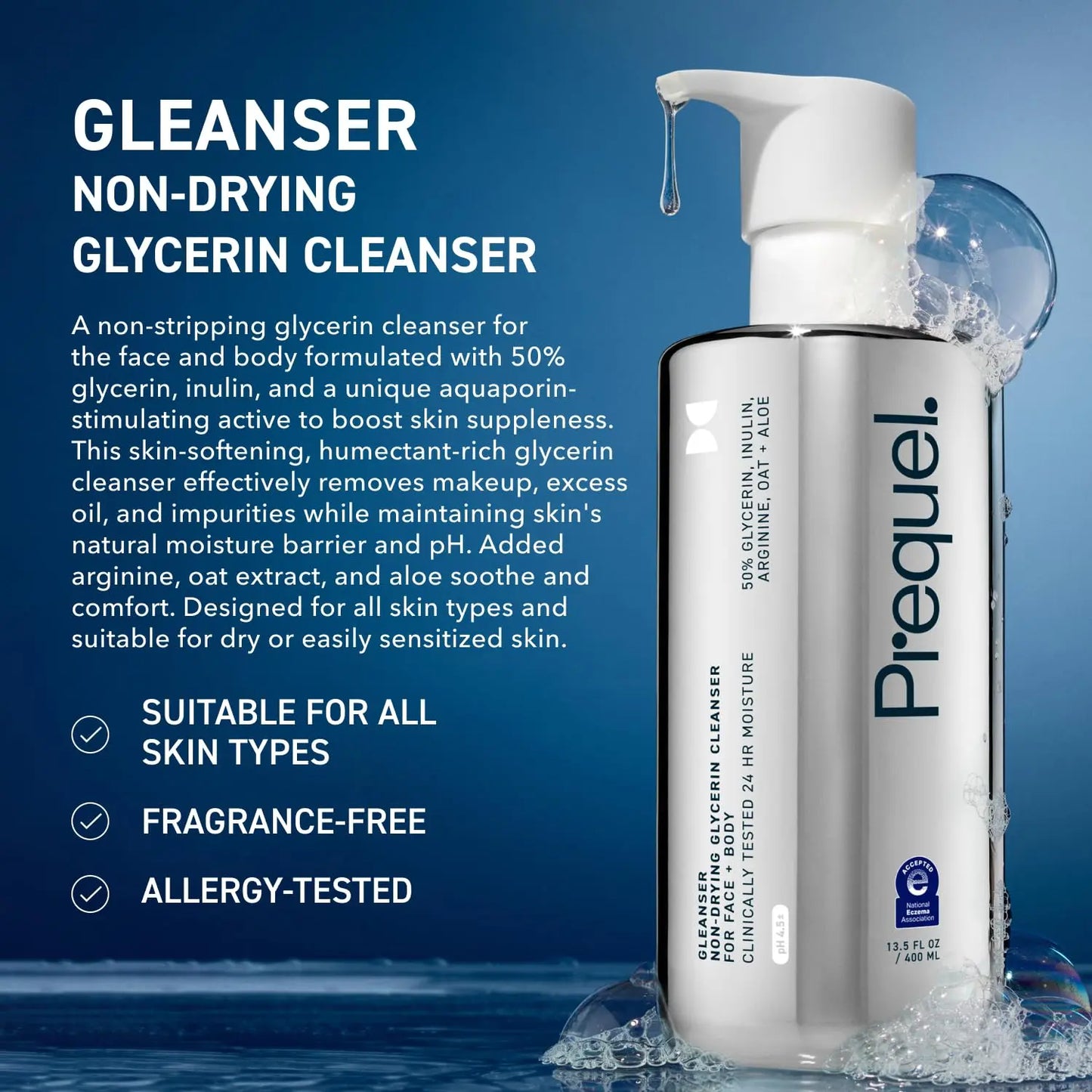 Pirequel cleanser bottle with product details on a blue background