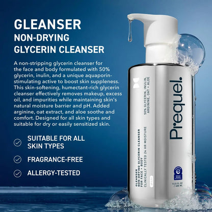 Pirequel cleanser bottle with product details on a blue background