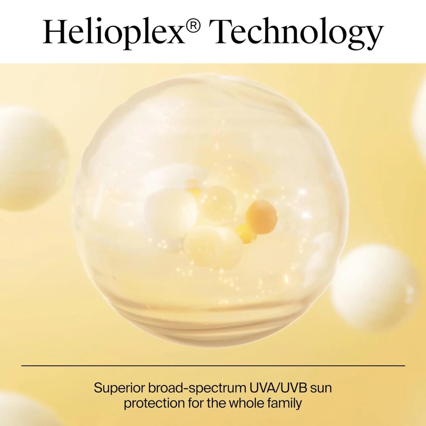 Helioplex Technology advertisement with a close-up of a skincare product droplet on a yellow background.