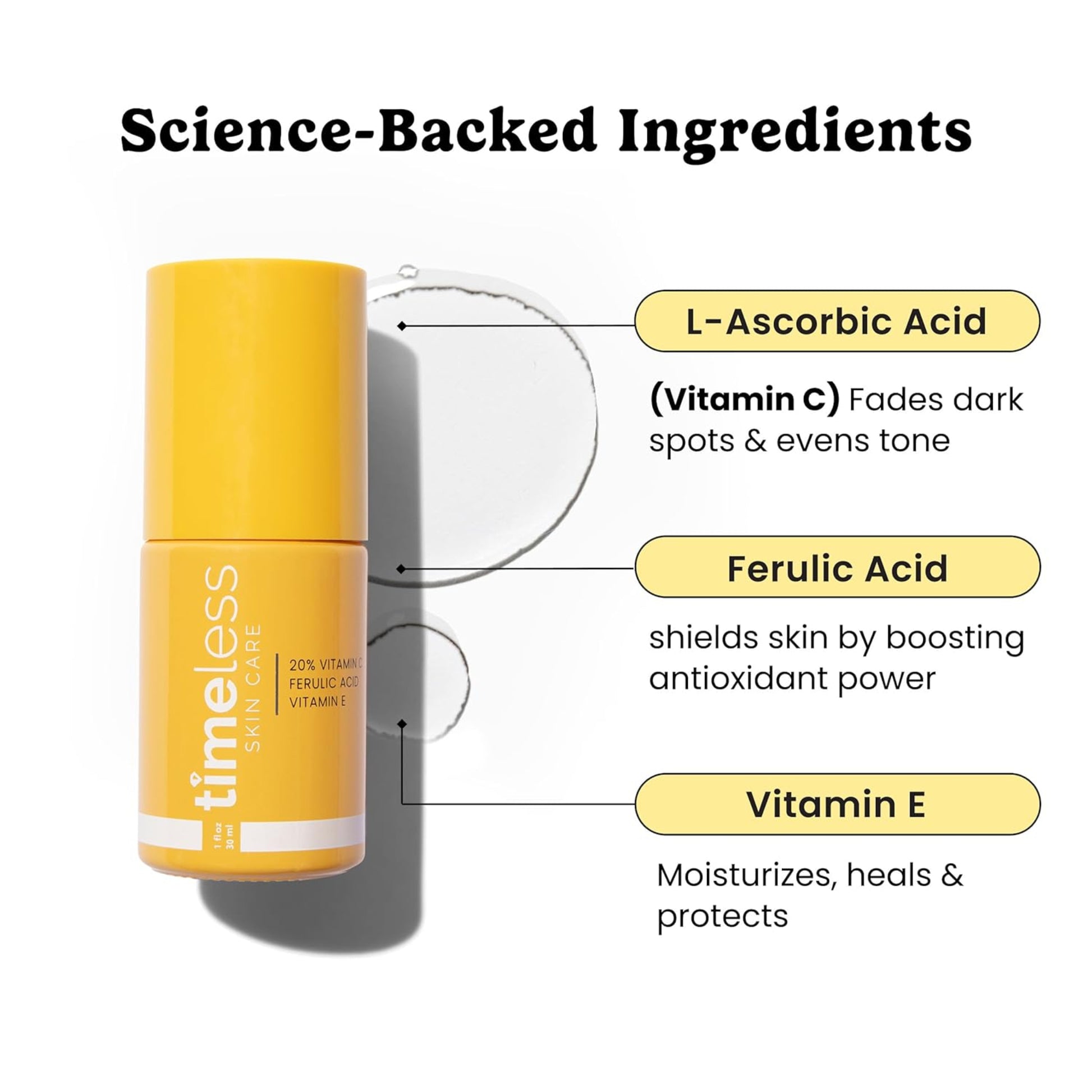 Yellow skincare bottle with labeled ingredients on a white background