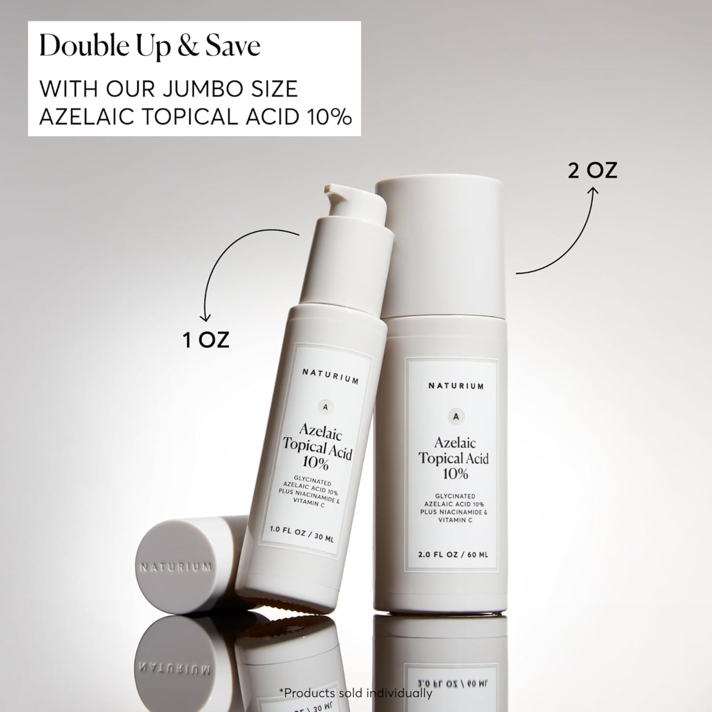Two bottles of Naturium Azelaic Topical Acid 10% with text indicating jumbo size and saving offer on a light gray background.
