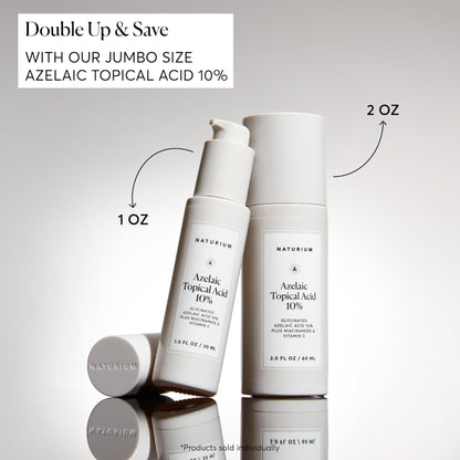 Two bottles of Naturium Azelaic Topical Acid 10% with text indicating jumbo size and saving offer on a light gray background.
