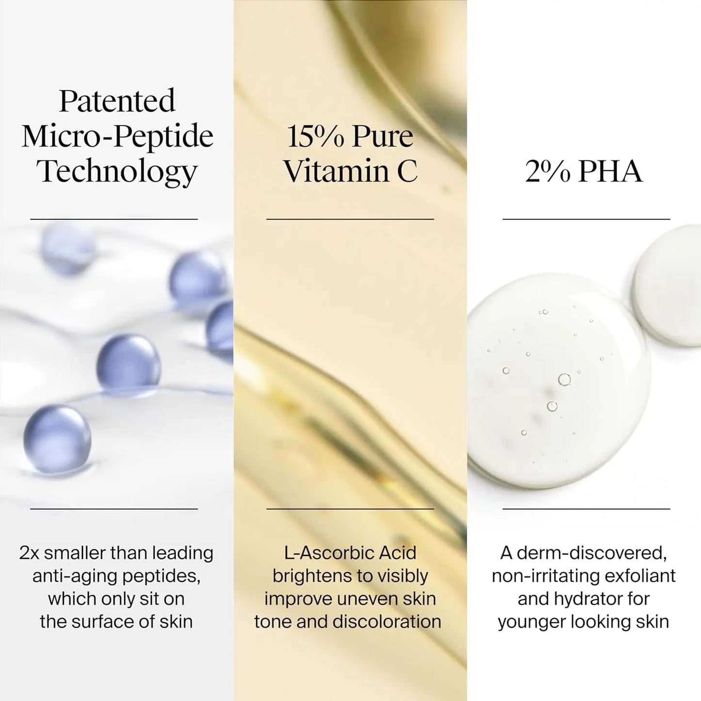 Skincare product with labeled ingredients and benefits on a white background