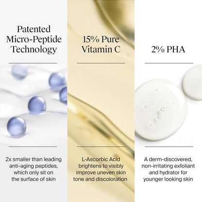 Skincare product with labeled ingredients and benefits on a white background