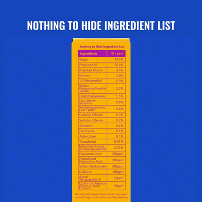 Ingredient list on a blue background with text 'Nothing to Hide Ingredient List'.