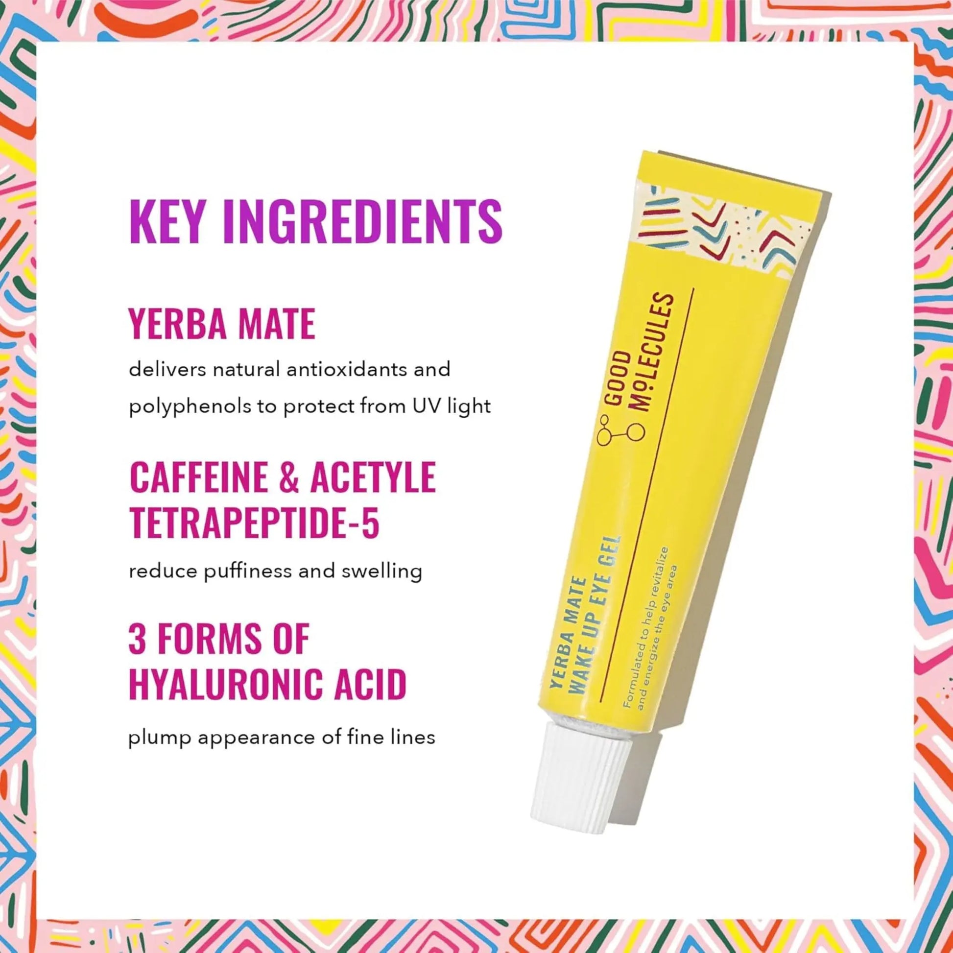 Good Molecules eye cream packaging with key ingredients listed on a colorful background