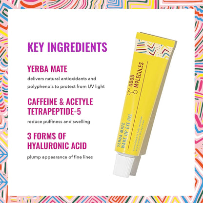 Good Molecules eye cream packaging with key ingredients listed on a colorful background
