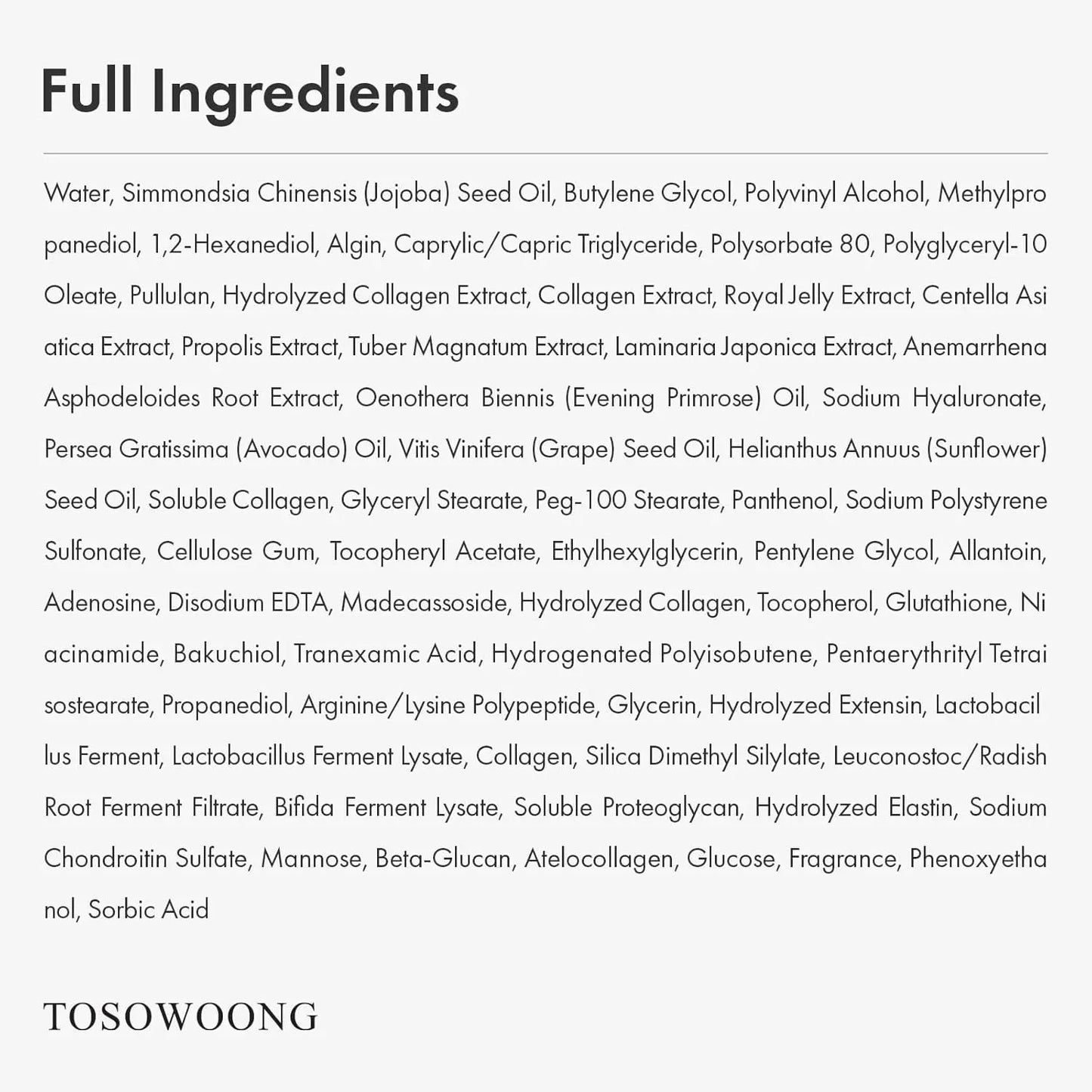List of full ingredients with Tosowoong branding at the bottom.