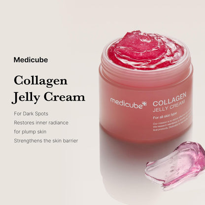 Jar of Medicube Collagen Jelly Cream with pink cream on a light background