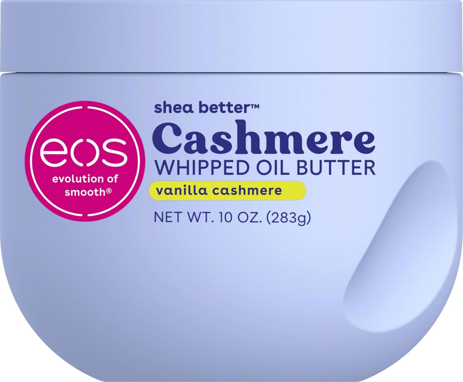 Jar of eos Cashmere Whipped Oil Butter with visible branding on a white background