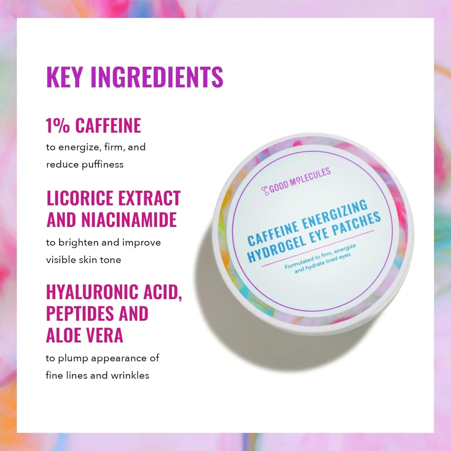 Caffeine energizing hydrogel eye patches with key ingredients listed on a colorful background