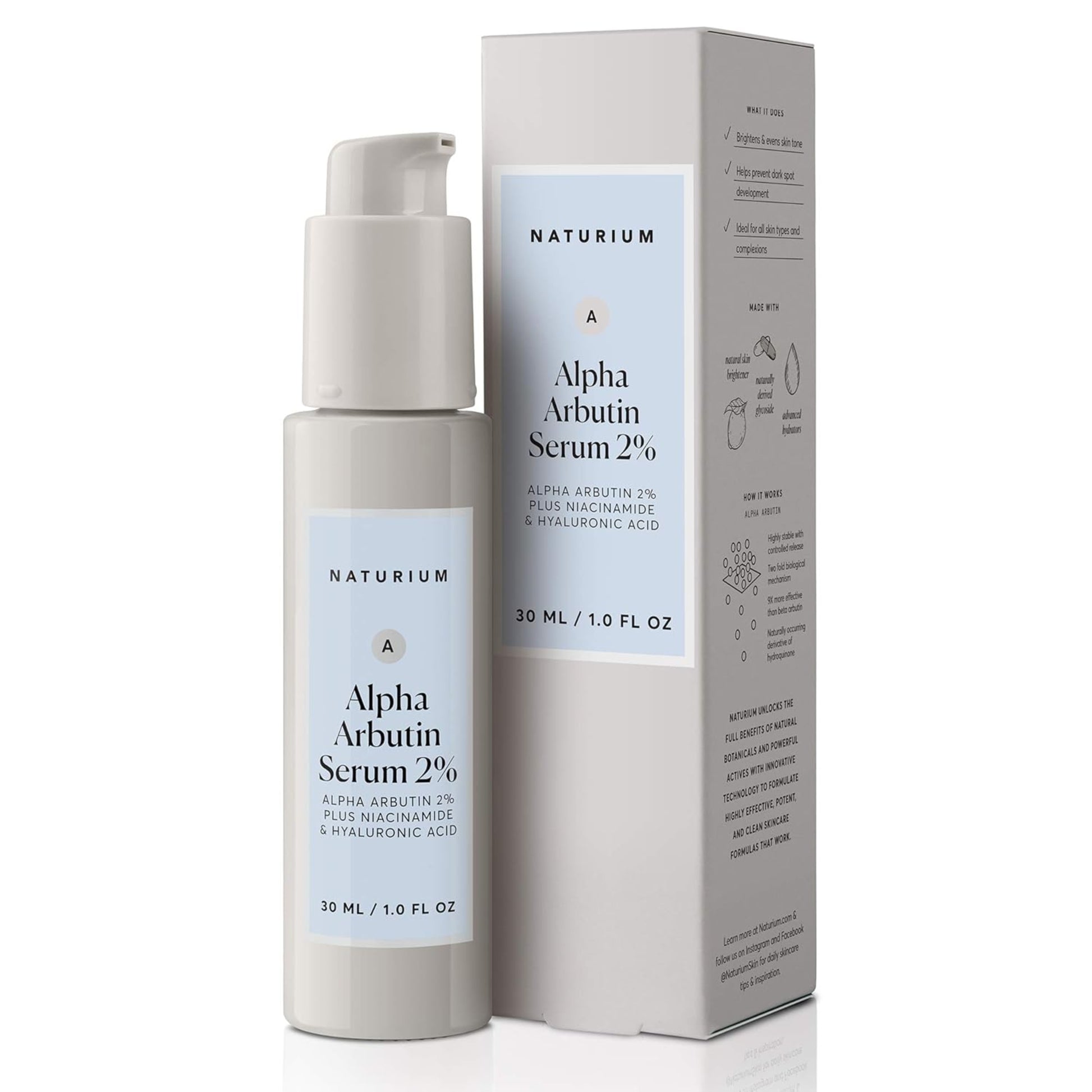 Naturium Alpha Arbutin Serum 2% bottle and box on a white background