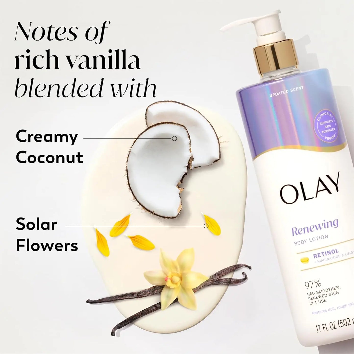Olay Renewing Body Lotion with coconut, vanilla, and flower elements on a white background