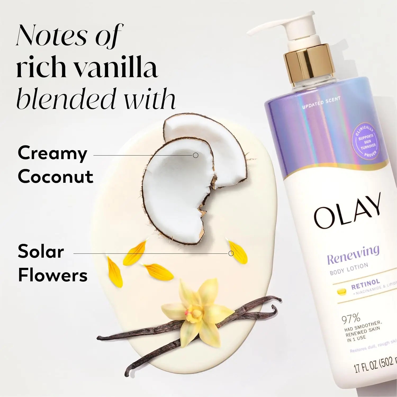 Olay Renewing Body Lotion with coconut, vanilla, and flower elements on a white background
