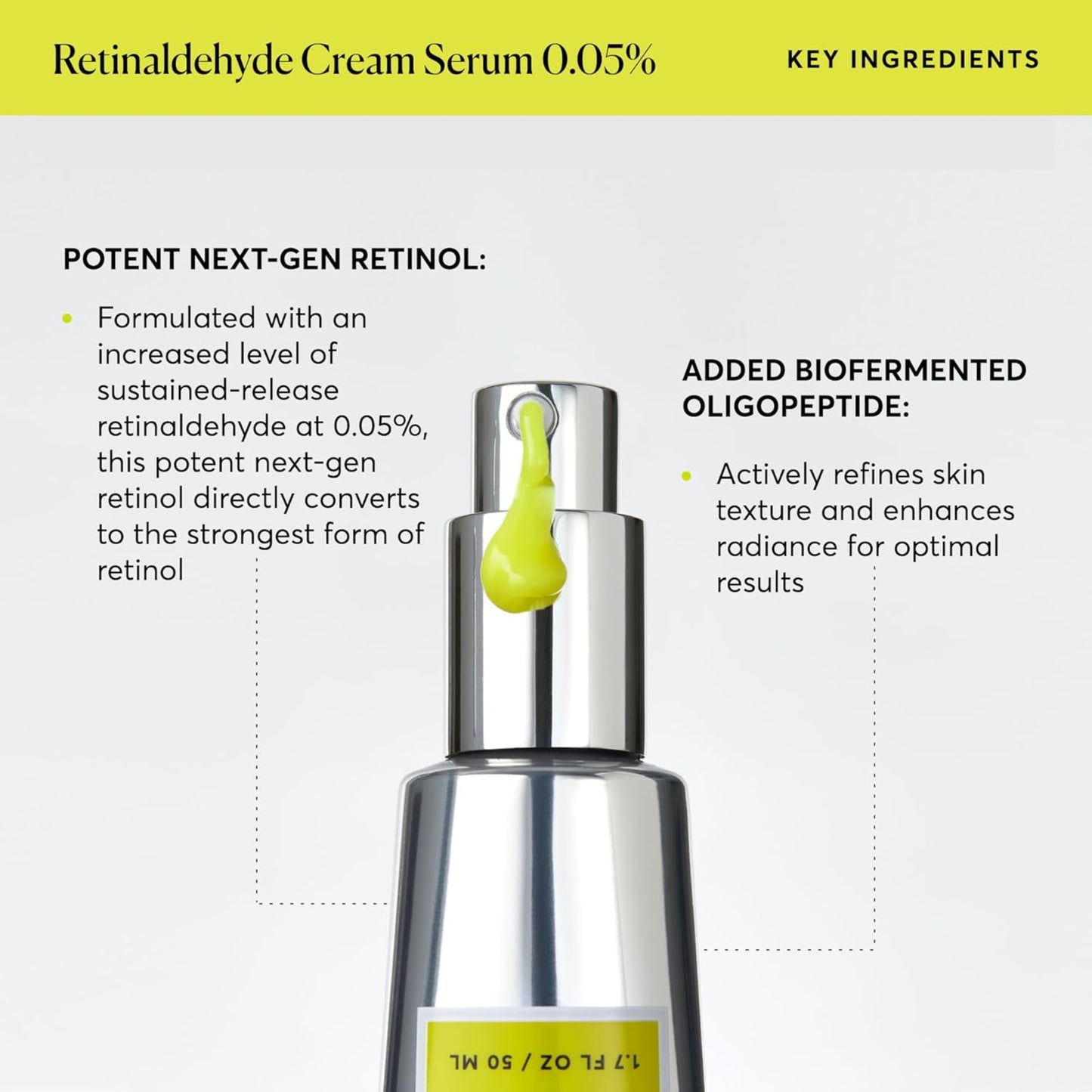 Retinaldehyde Cream Serum 0.05% with key ingredients highlighted on a white background