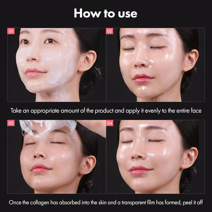 Step-by-step guide on applying a facial product with text instructions.