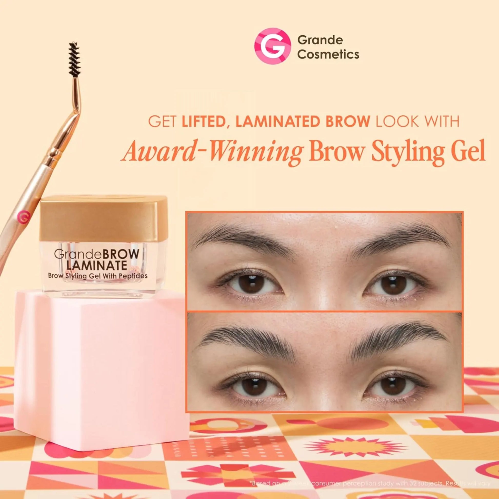 Grande Cosmetics Brow Styling Gel with packaging and application on eyebrows, on a patterned background.