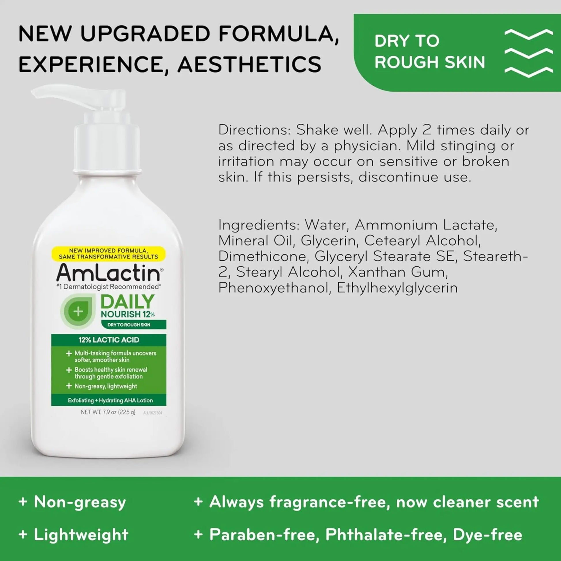 AmLactin Daily Nourish 12% Lactic Acid bottle with product details on a gray background