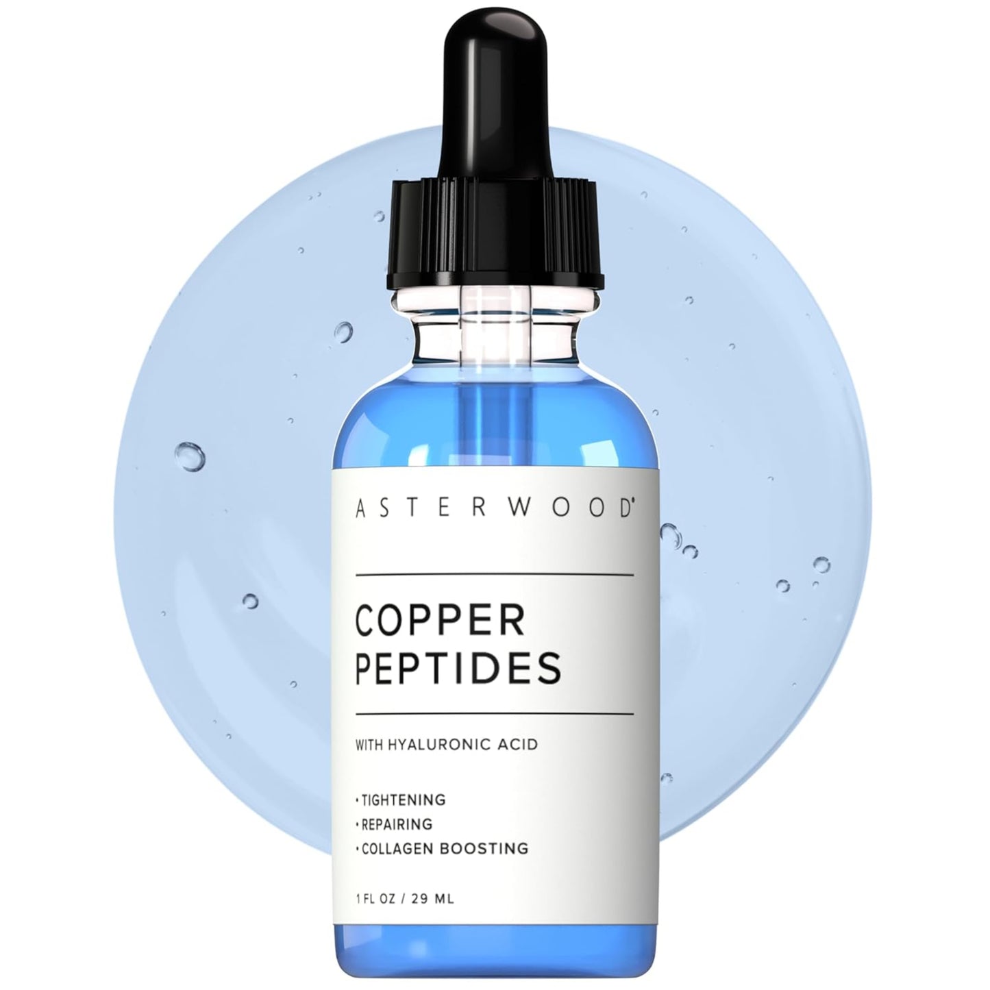 Asterwood Copper Peptides skincare serum bottle with dropper on a white background