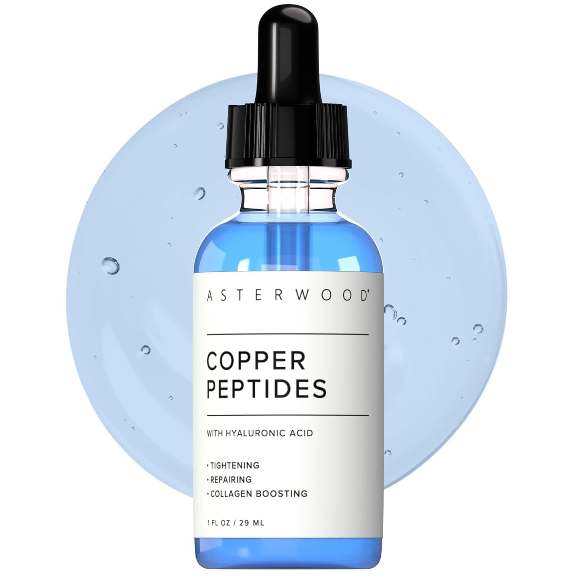 Asterwood Copper Peptides skincare serum bottle with dropper on a white background