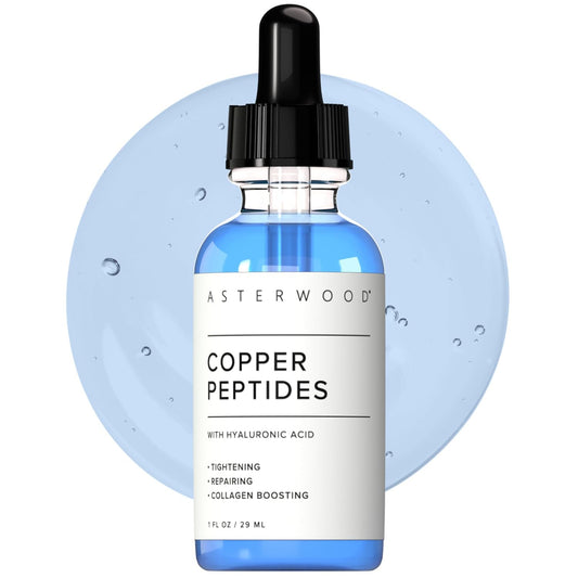 Asterwood Copper Peptides skincare serum bottle with dropper on a white background