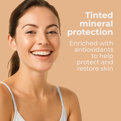 Woman with a radiant smile on a beige background with text about tinted mineral protection enriched with antioxidants.