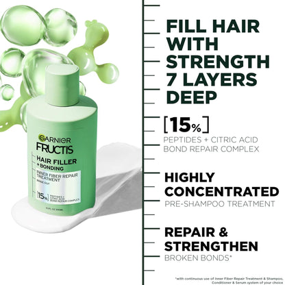Garnier Fructis hair treatment bottle with green gel and text about product benefits on a white background