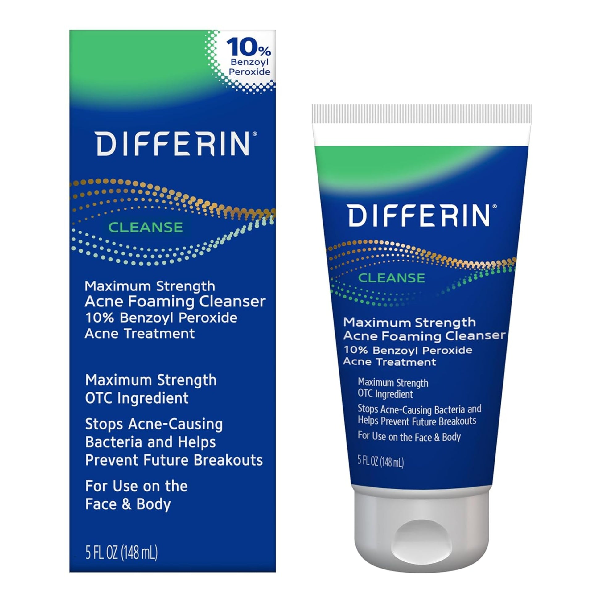 Packaging of DIFFERIN ACNE 10 Treatment Benzoyl peroxide Cleanse Wash with 10% strength, maximum strength, and foaming cleanser attributes highlighted. Box and tube are predominantly blue and white with product information and branding.