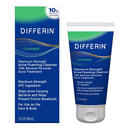 Packaging of DIFFERIN ACNE 10 Treatment Benzoyl peroxide Cleanse Wash with 10% strength, maximum strength, and foaming cleanser attributes highlighted. Box and tube are predominantly blue and white with product information and branding.