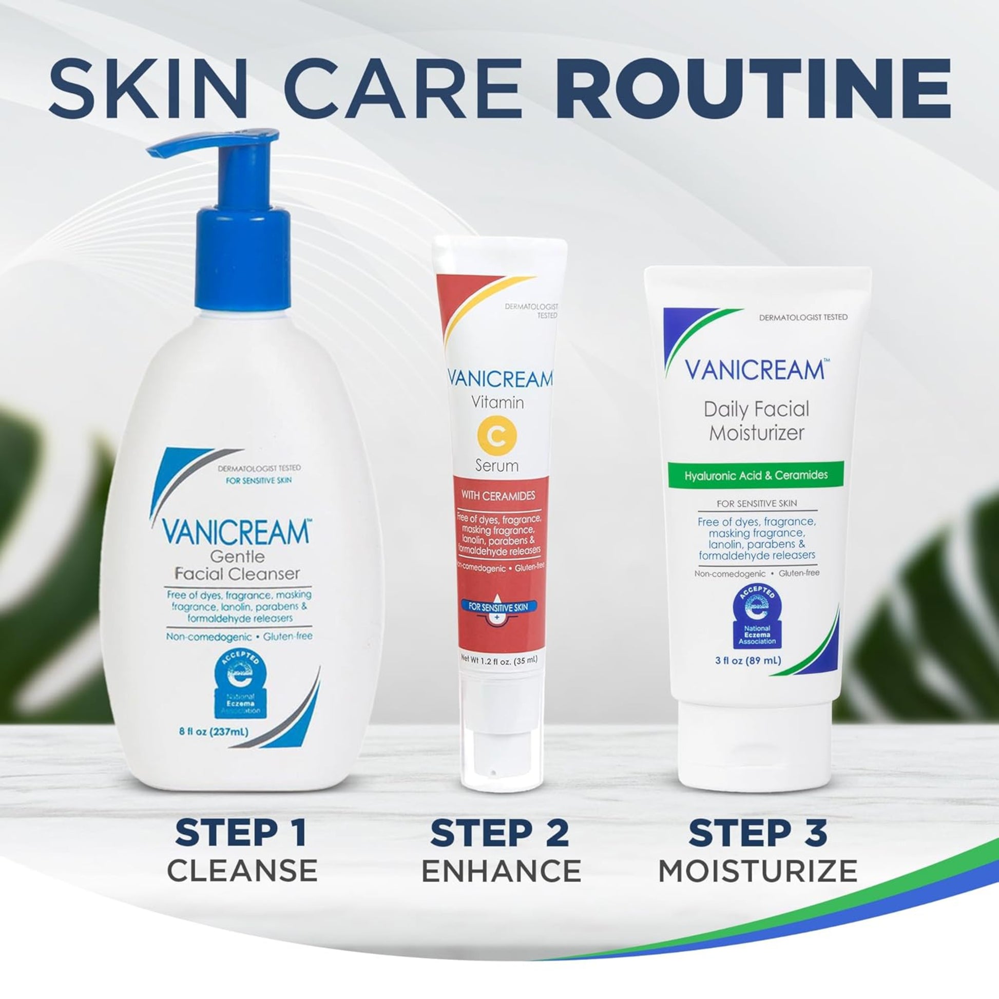 Vanicream skincare products with step-by-step instructions on a white background
