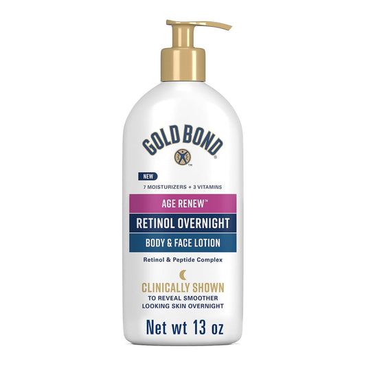 Gold Bond Age Renew Retinol Overnight body and face lotion bottle on a white background