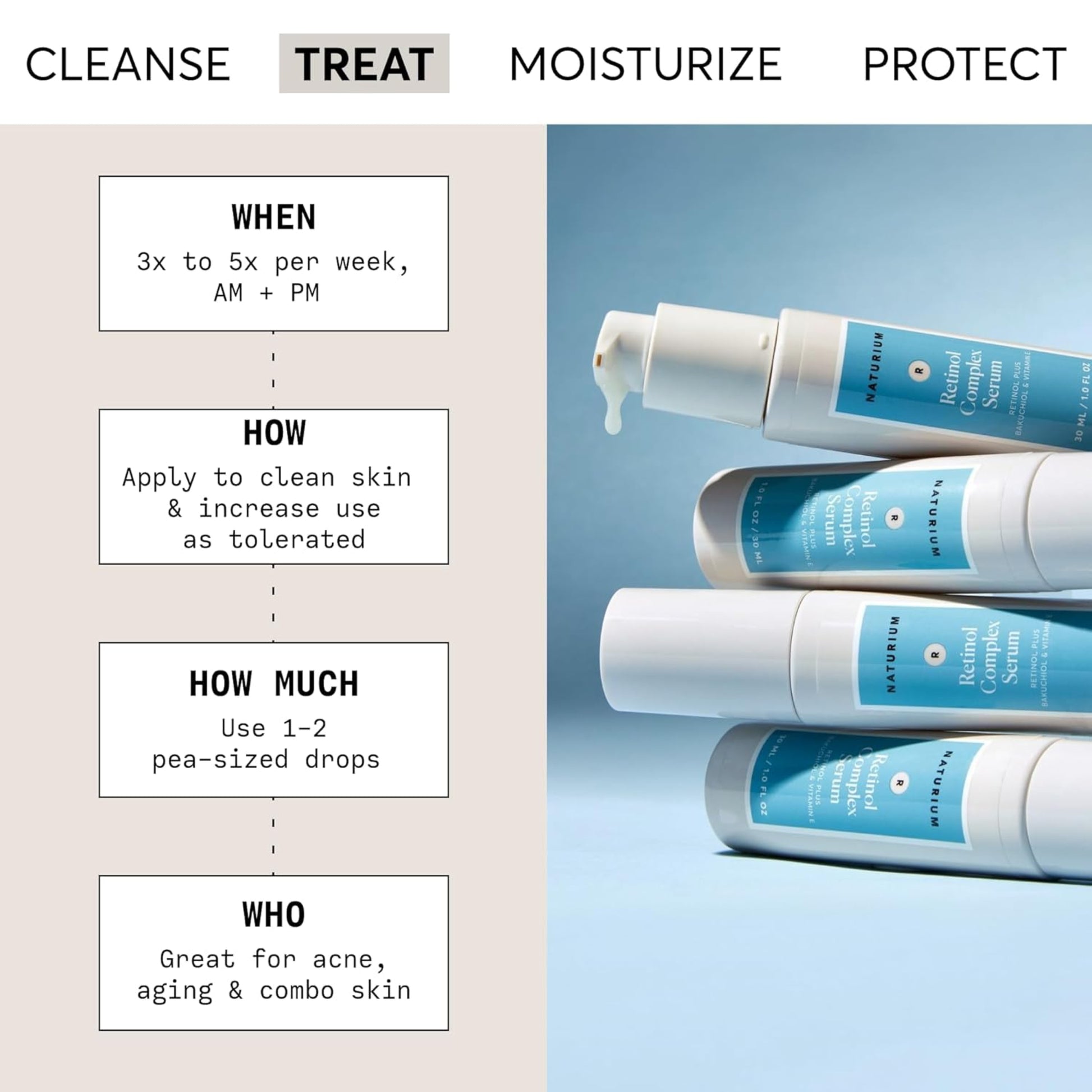 Skincare product packaging with usage instructions on a beige and blue background