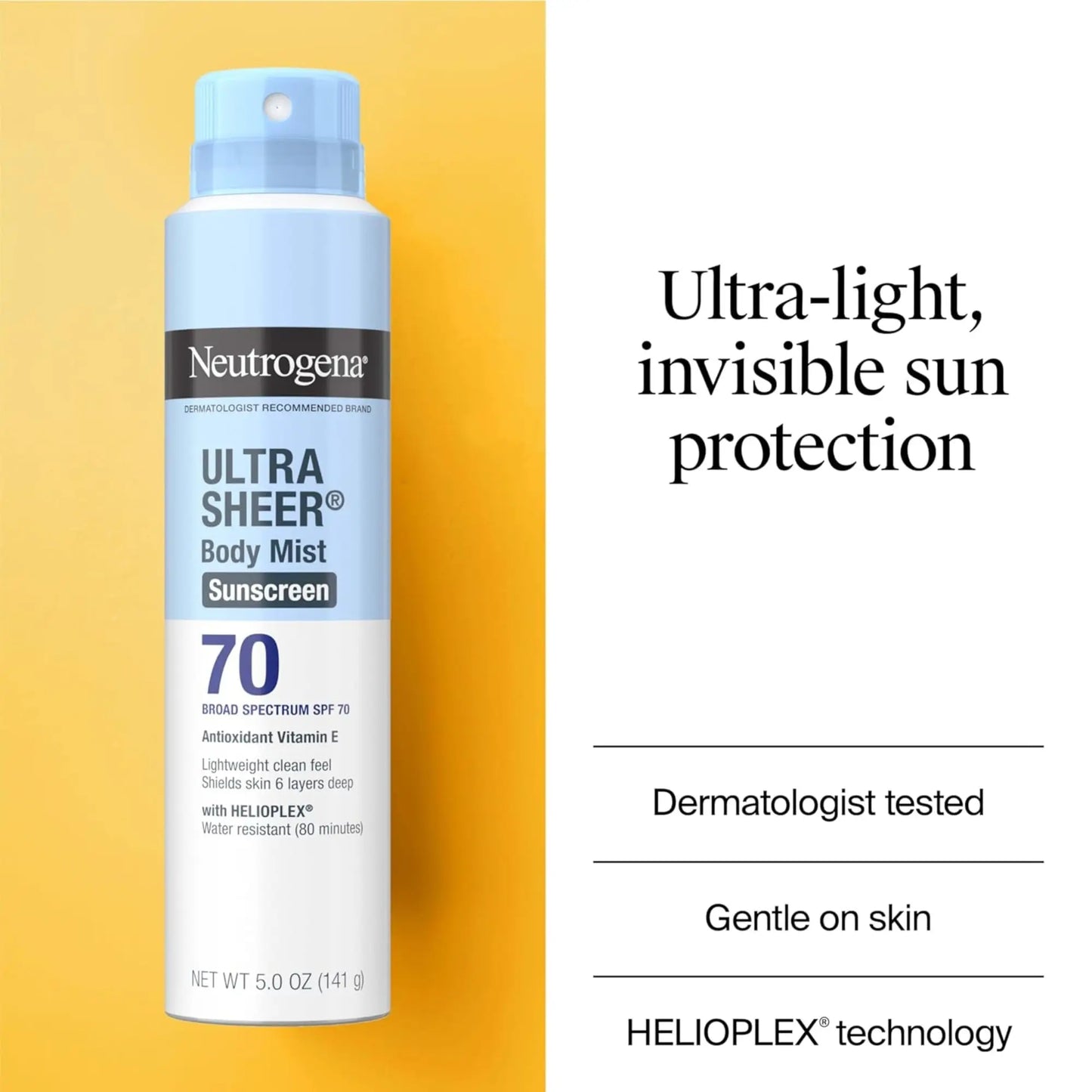 Neutrogena Ultra Sheer Body Mist Sunscreen on a yellow and white background