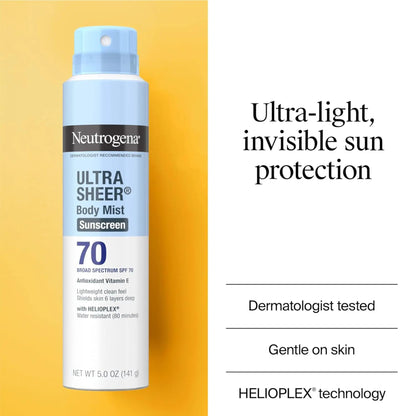 Neutrogena Ultra Sheer Body Mist Sunscreen on a yellow and white background