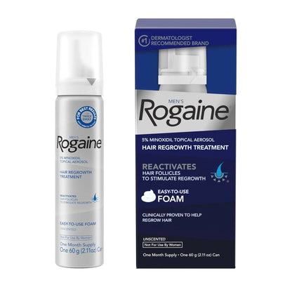 Packaging and bottle of ROGAINE Minoxidil Hair Regrowth Treatment, foam variant.