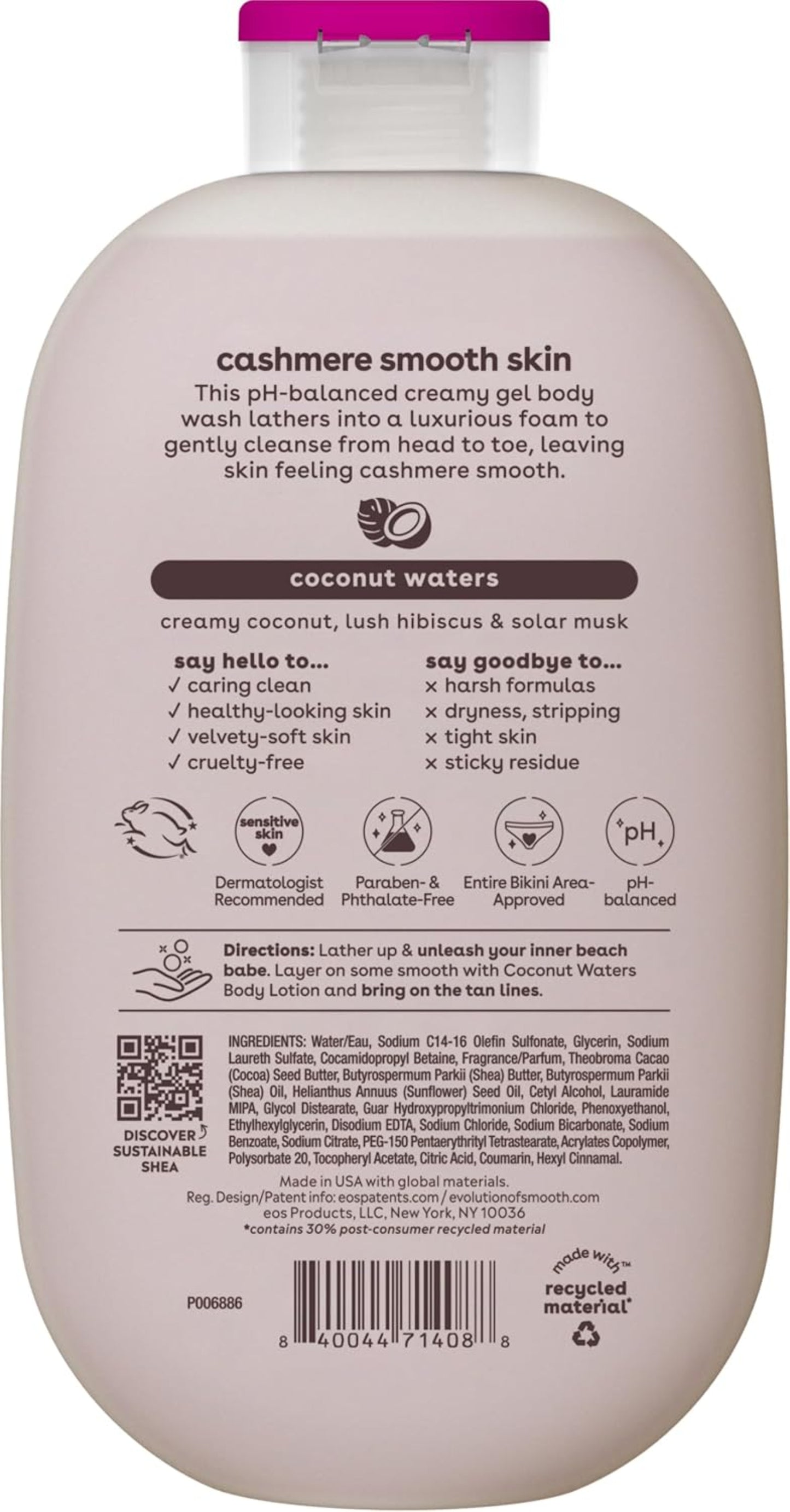 Back of a body wash bottle with text and icons on a white background