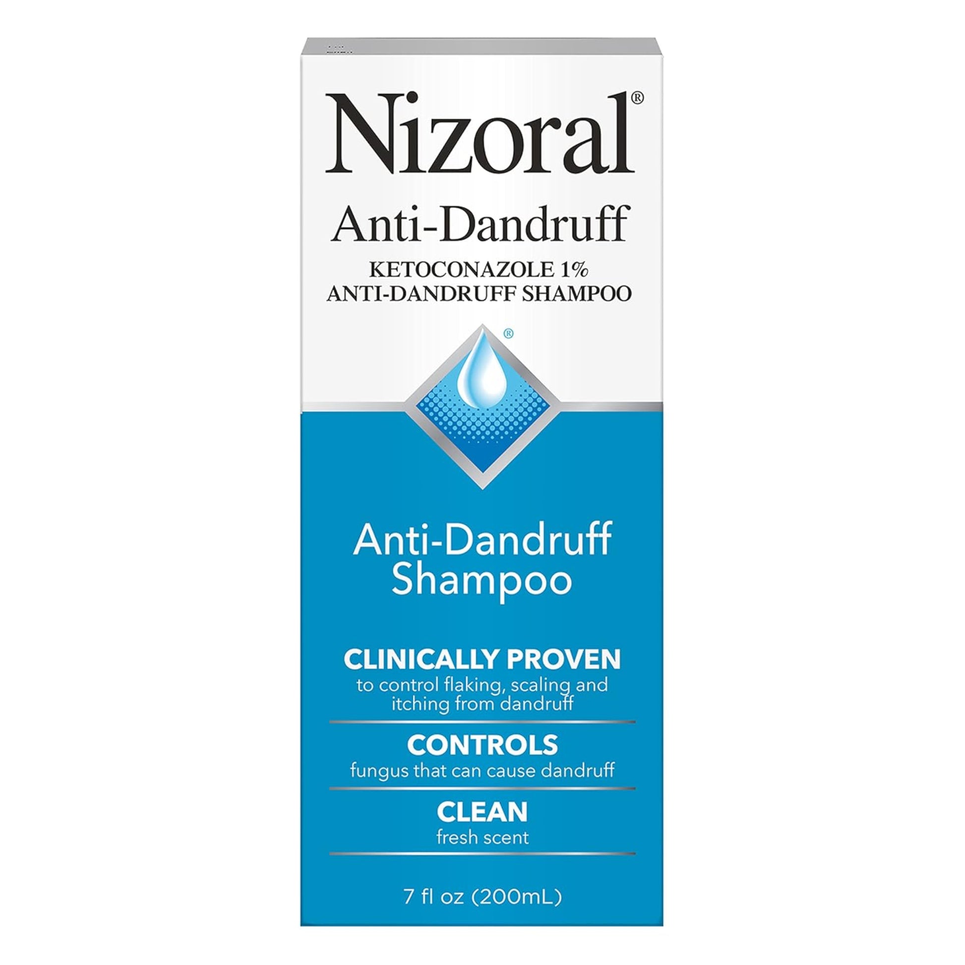 Packaging of Nizoral Anti-Dandruff Hair Loss Shampoo with Ketoconazole 1% concentration, 200ml size, indicating it is clinically proven to control dandruff.