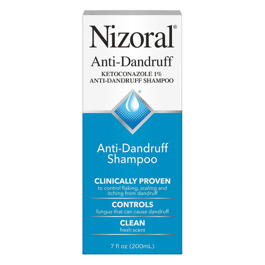 Packaging of Nizoral Anti-Dandruff Hair Loss Shampoo with Ketoconazole 1% concentration, 200ml size, indicating it is clinically proven to control dandruff.