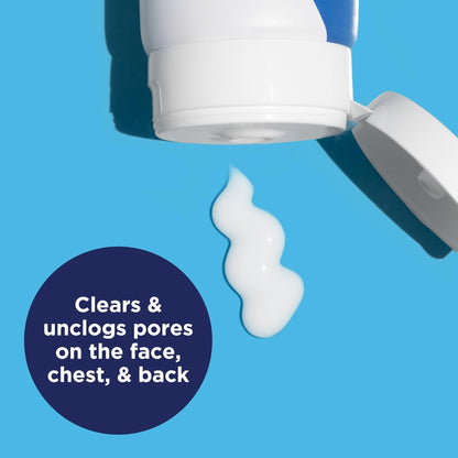 White cream being squeezed out of a blue and white container on a blue background with text about skincare benefits.