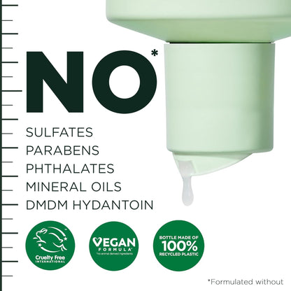 Green soap dispenser with product ingredients and sustainability details on a white background