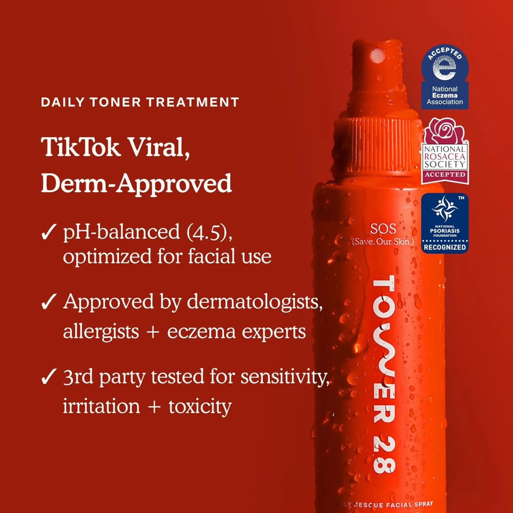 Orange toner bottle with text on a red background, featuring dermatologist approval and pH balance information.
