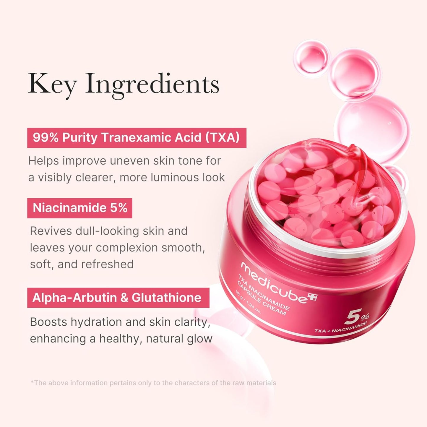 Pink jar of skincare product with key ingredients listed on a white background