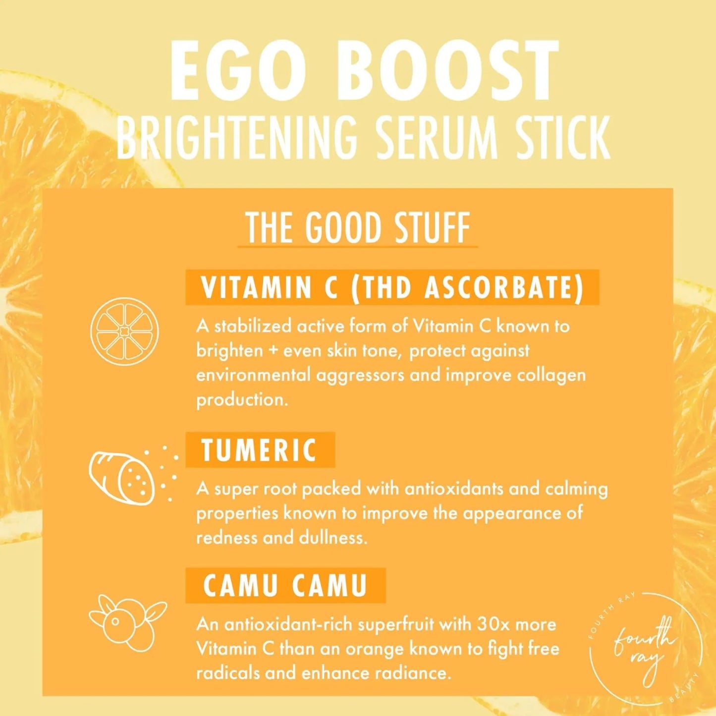 Advertisement for EGO Boost Brightening Serum Stick with ingredients listed on a yellow background.