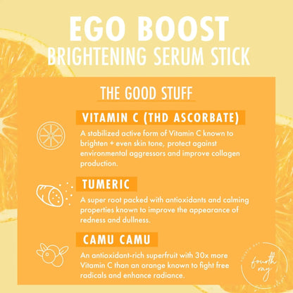 Advertisement for EGO Boost Brightening Serum Stick with ingredients listed on a yellow background.