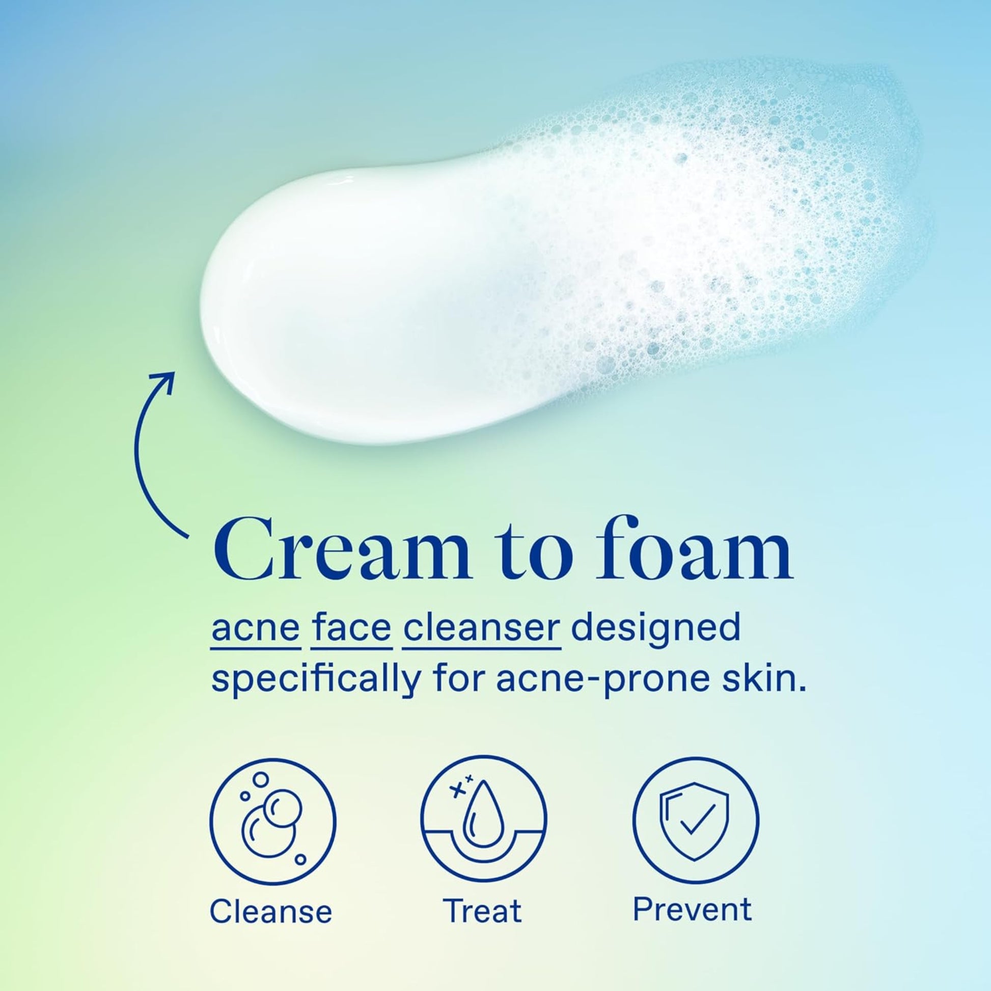 Acne face cleanser with cream to foam transformation on a gradient blue and green background.