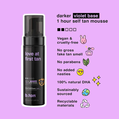 B.tan self-tan mousse bottle with product features on a purple background
