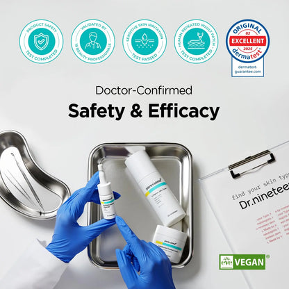 Dr. Nineteen skincare products with blue gloves and a tray on a white background, emphasizing safety and efficacy.